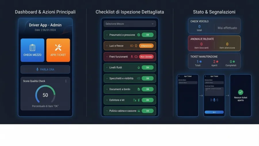 Interfaccia mobile FleetIn per conducenti e operatori